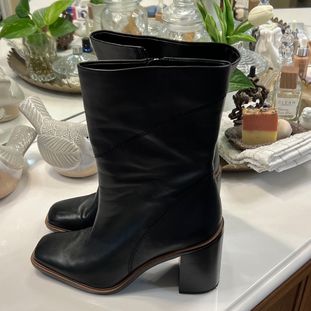 Franco Sarto Black Leather Mid-Calf Block Heel Boots